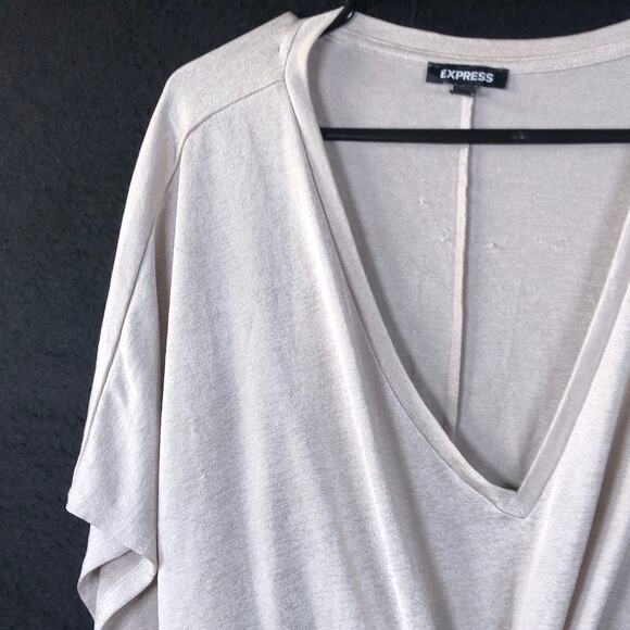Express Womens Blouse Tan V Neck Front Knot Twist Short Sleeve Stretch XLarge - Picture 4 of 12